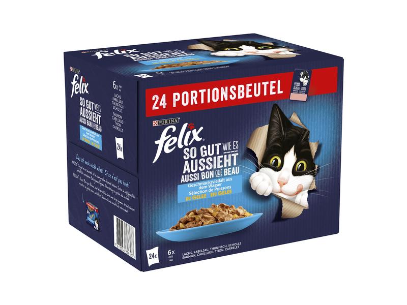 Felix Nassfutter AGAIL Fisch Auswahl, 24 x 85 g Alleinfutter für ausgewachsene Katzen