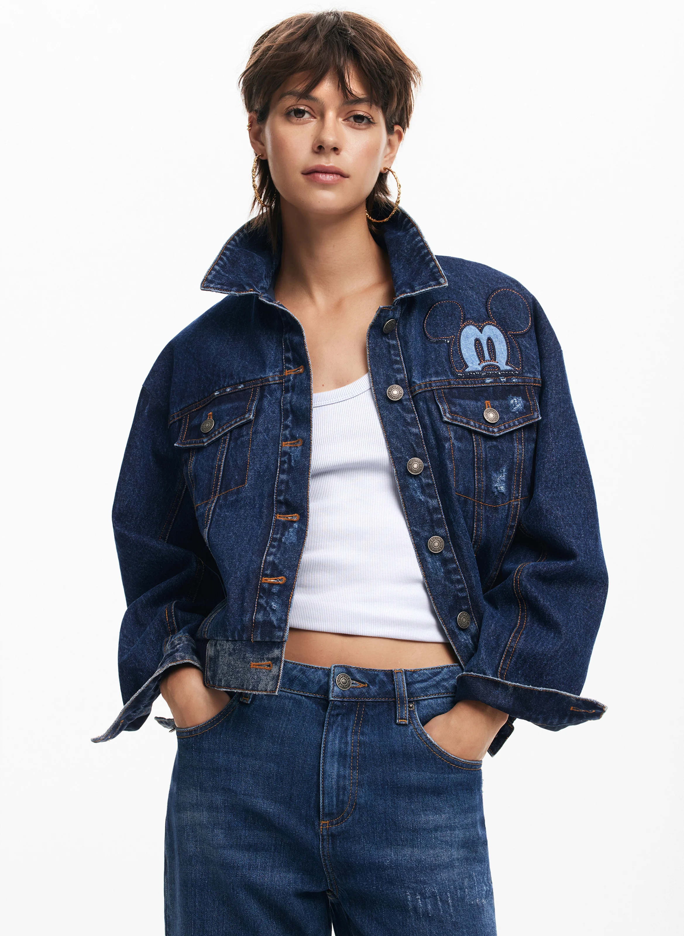 Veste col classique en denim de coton mélangé | Bleu