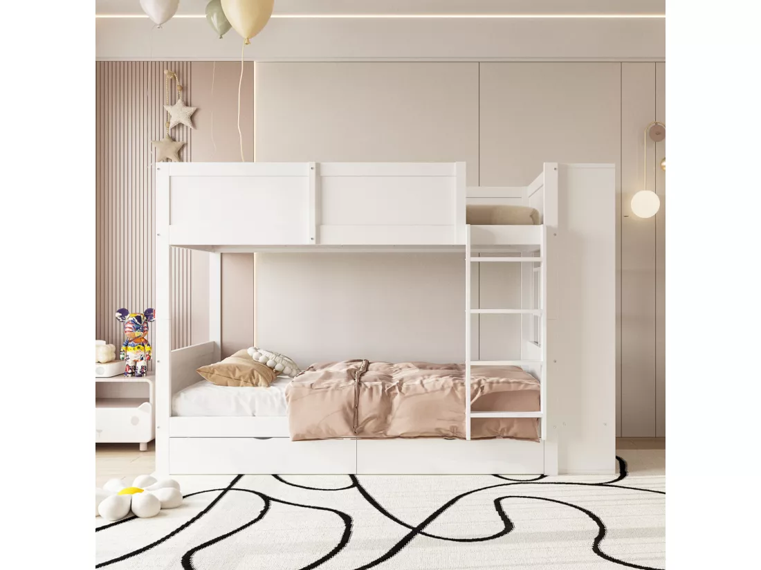 lit superposé 90 x 200 cm,lit enfant avec meuble de rangement, deux tiroirs de rangement, sommier à lattes,blanc