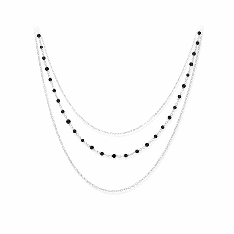 Collier Argent Triple Collier Petite Perles Spinelle Noire