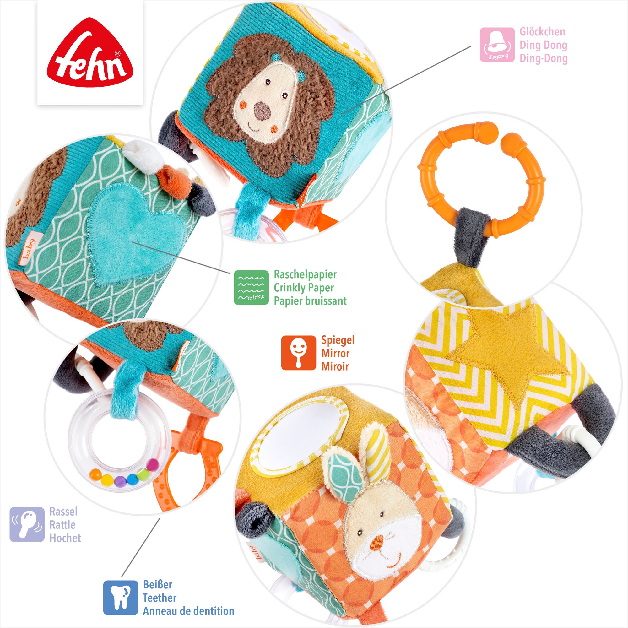 Fehn Greifspielzeug »Classic Stars, Activity-Würfel Funky Friends« inklusive Befestigungsring
