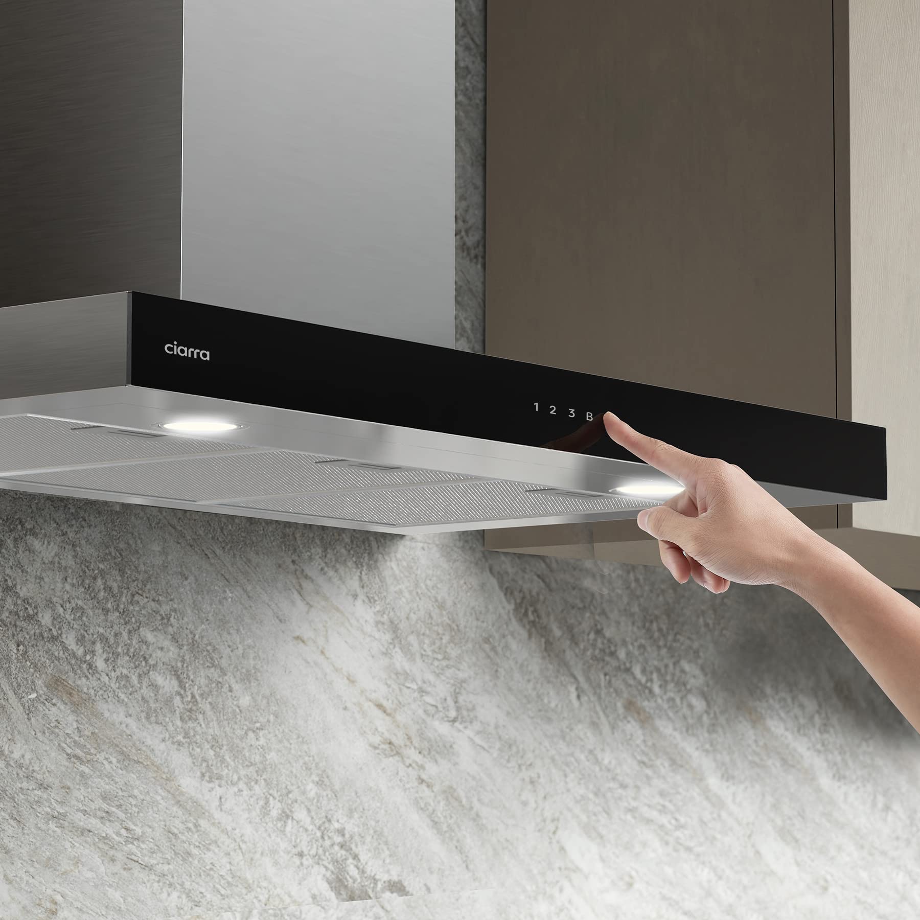 Ciarra Hotte Apisrante 90cm 650 m³/h - Class A+++ - 4 Vitesses - Fonction Boost - Hotte de Cuisine Silencieuse - Commande Tactile - Wi-Fi - LED Dimmab