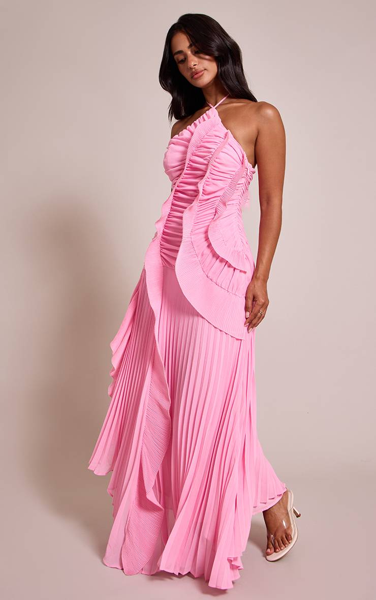 Rose Robe Longue Plissée À Col Licou Avec Détails À Volants Petite Taille