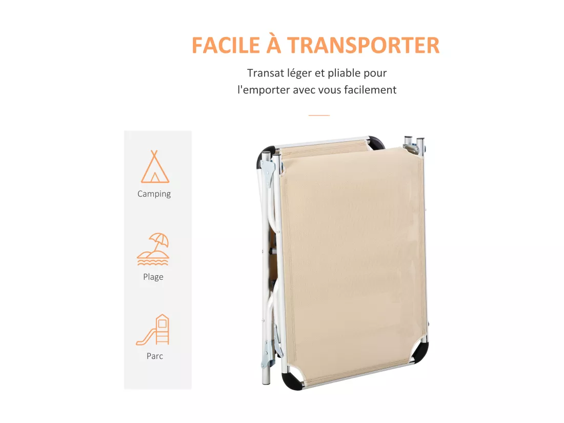Bain de soleil transat pliable grand confort dossier réglable multi-position tétière alu. textilène beige