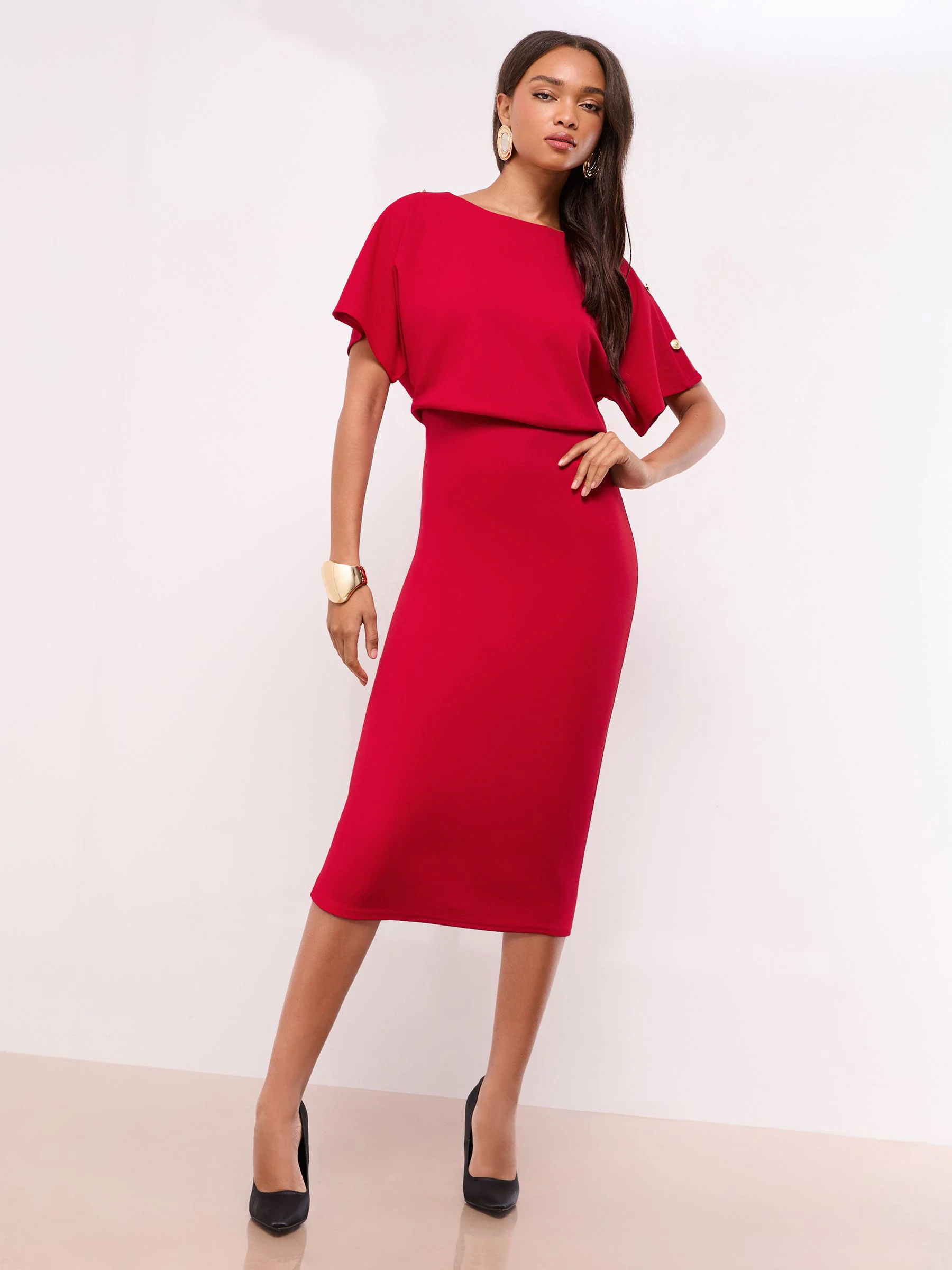 Rood - Lipsy Short Sleeve Button Detail Blouson Bodycon Midi Dress