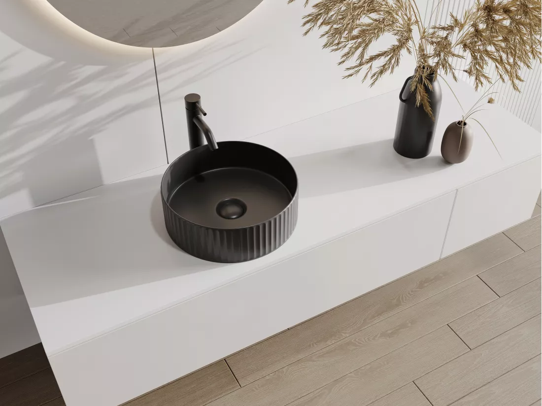 Vasque à poser en céramique striée ronde - Noir mat - 36 cm - PEDARA