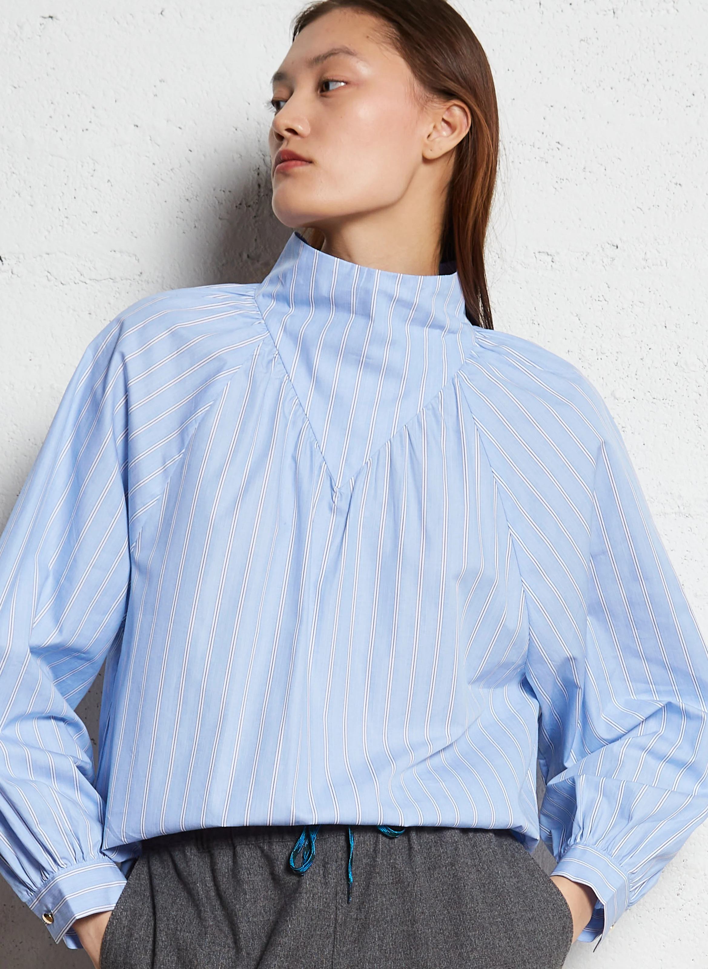 CURTIS - Blouse ample col montant en coton | Bleu