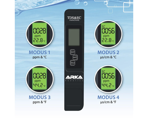 ARKA myAqua meetinstrument: TDS EC-temperatuurmeter voor het meten van waterparameters zoals geleidbaarheid, EC-waarde en temperatuur.
