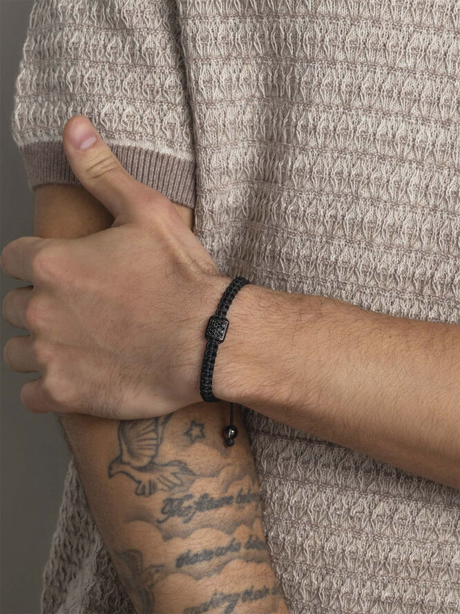Nialaya Men's Black String Bracelet with Black CZ Flatbead Black