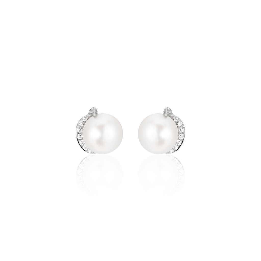 Boucles D'oreilles Puces Lucinda Or Blanc Perle De Culture Et Oxyde