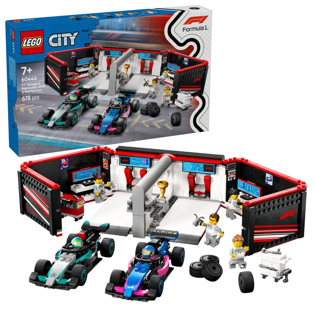 Formule 1 lego garage voor de lego en formule 1 faF1® garage met Mercedes-AMG en Alpine auto's 60444