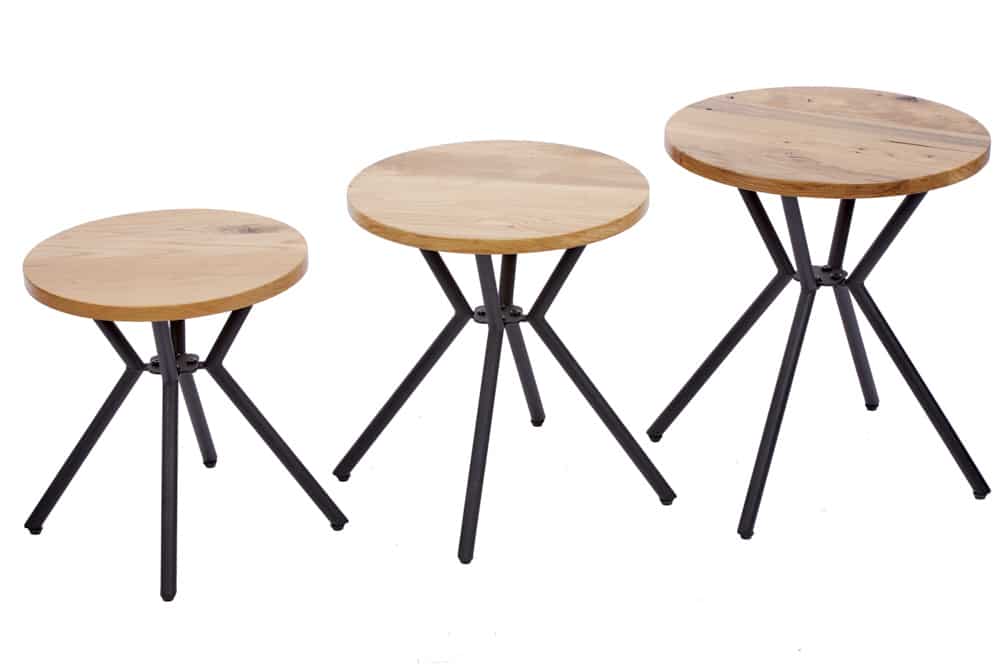Modernes 3er Set Beistelltische FACTORY 40cm natur Wildeiche Massivholz rund schwarz Metall
