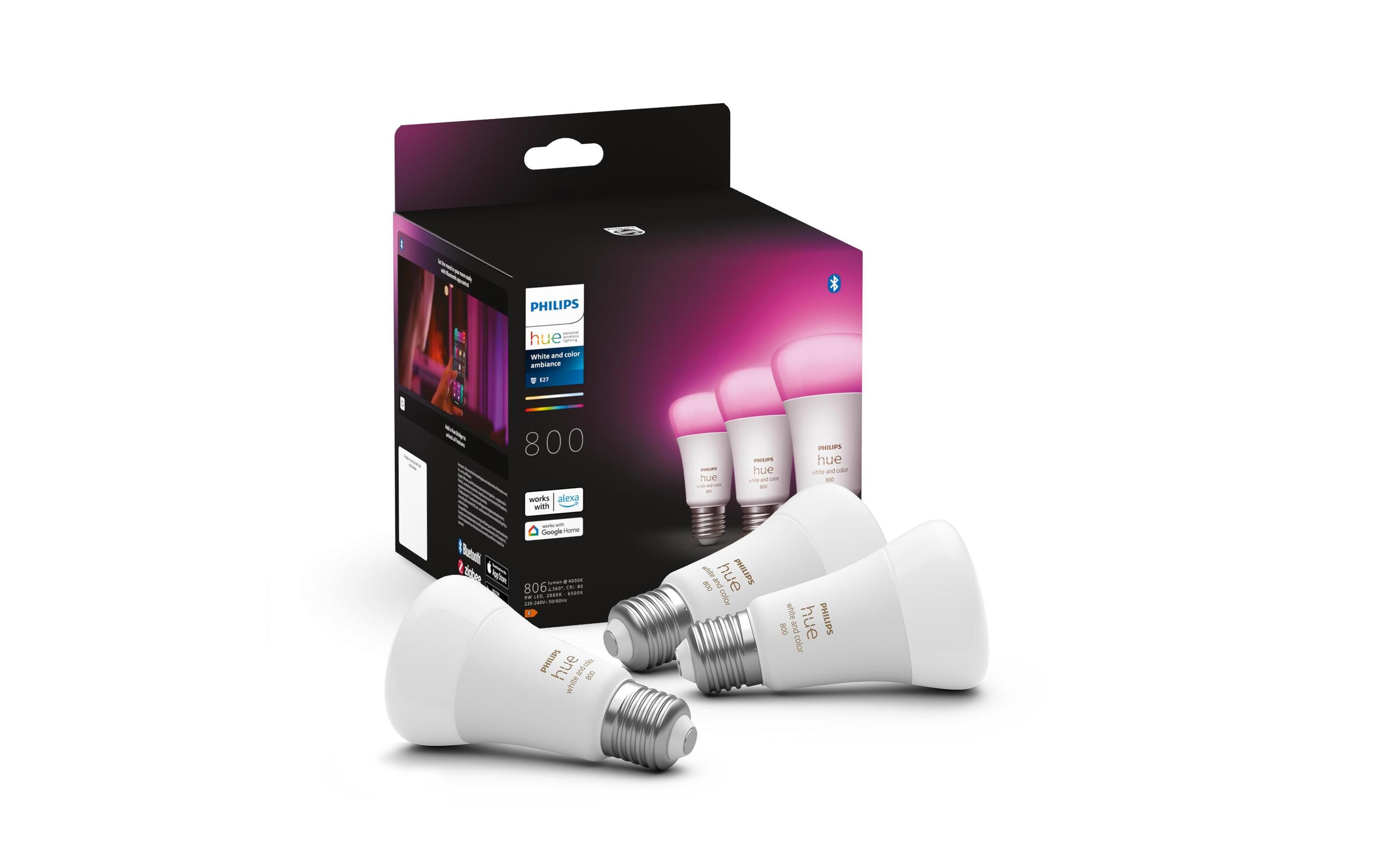Leuchtmittel White & Color Ambiance, E27, 3 Stück, BT<br>Per Bluetooth steuerbares Hue E27-Leuchtmittel