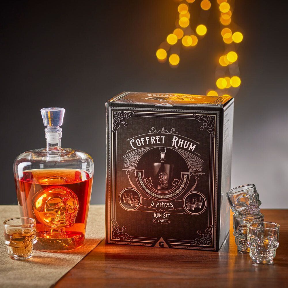 Coffret rhum carafe et verre x4 design tête de mort