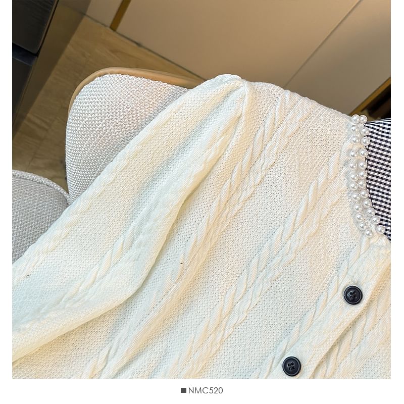 Lemongrass - Patchwork kabelgebreide cardigan met ruches en strik