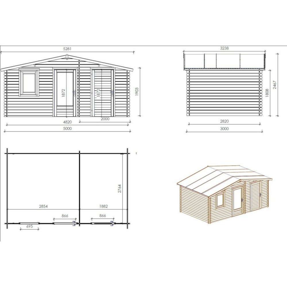 Abri de jardin en bois - 5x3 m - 25 m2 + terrasse avec balustrade et avant-toit en bois