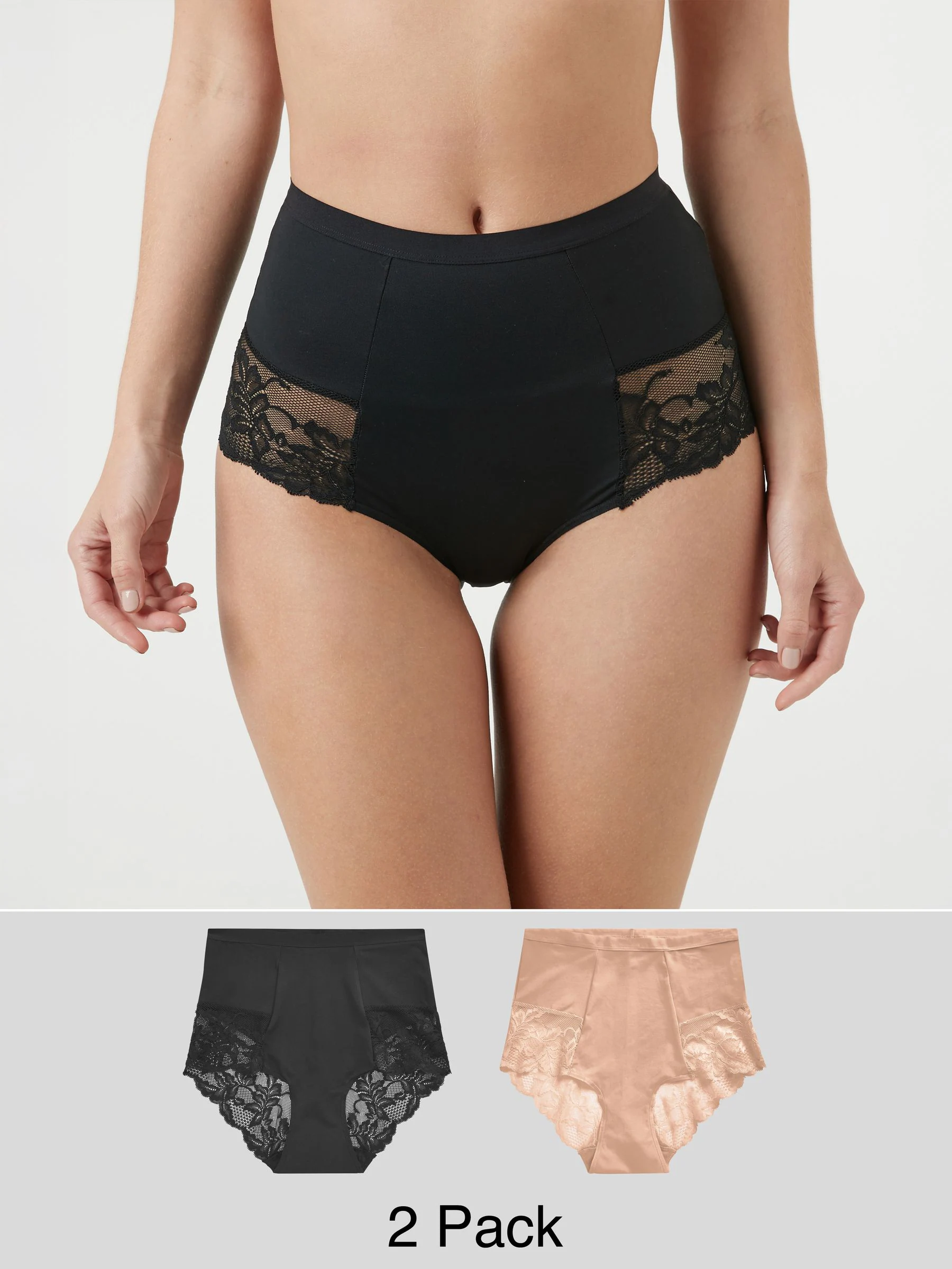 Zwart/praline huidskleur - Verpakking van 2 Braziliaanse slipjes met kanten achterkant en buikcorrigerend effect en print