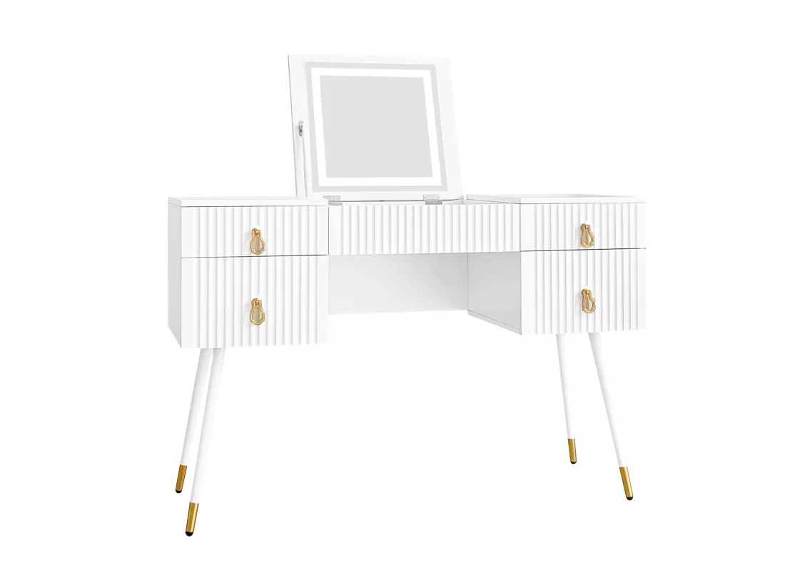Coiffeuse avec miroir pliable à LEDs intelligentes - 3 tiroirs spacieux - 120 x 45 x 121 cm - Bois MDF - Blanc (sans tabouret)