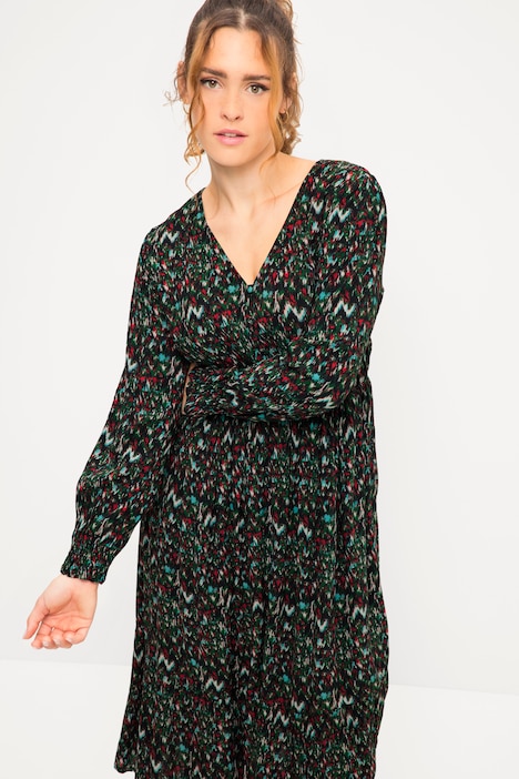 Midikleid, A-Line, Zickzack Print, V-Ausschnitt, elastische Taille, Langarm