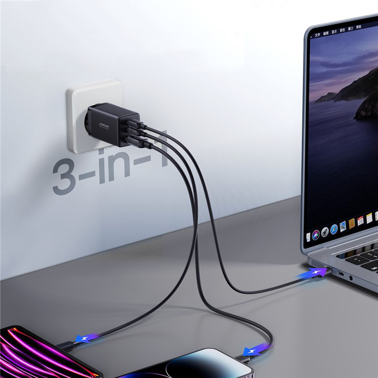 (65W) 1x USB A / 2x USB C GaN Ladegerät Netzteil mit USB C Ladekabel - Schwarz