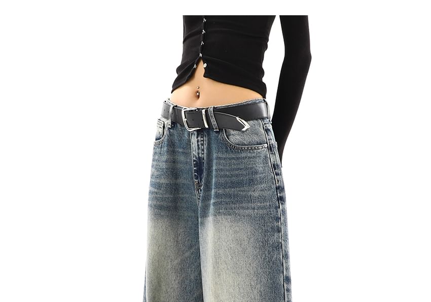 Elyou - Mid Waist Washed Wide Leg Jeans