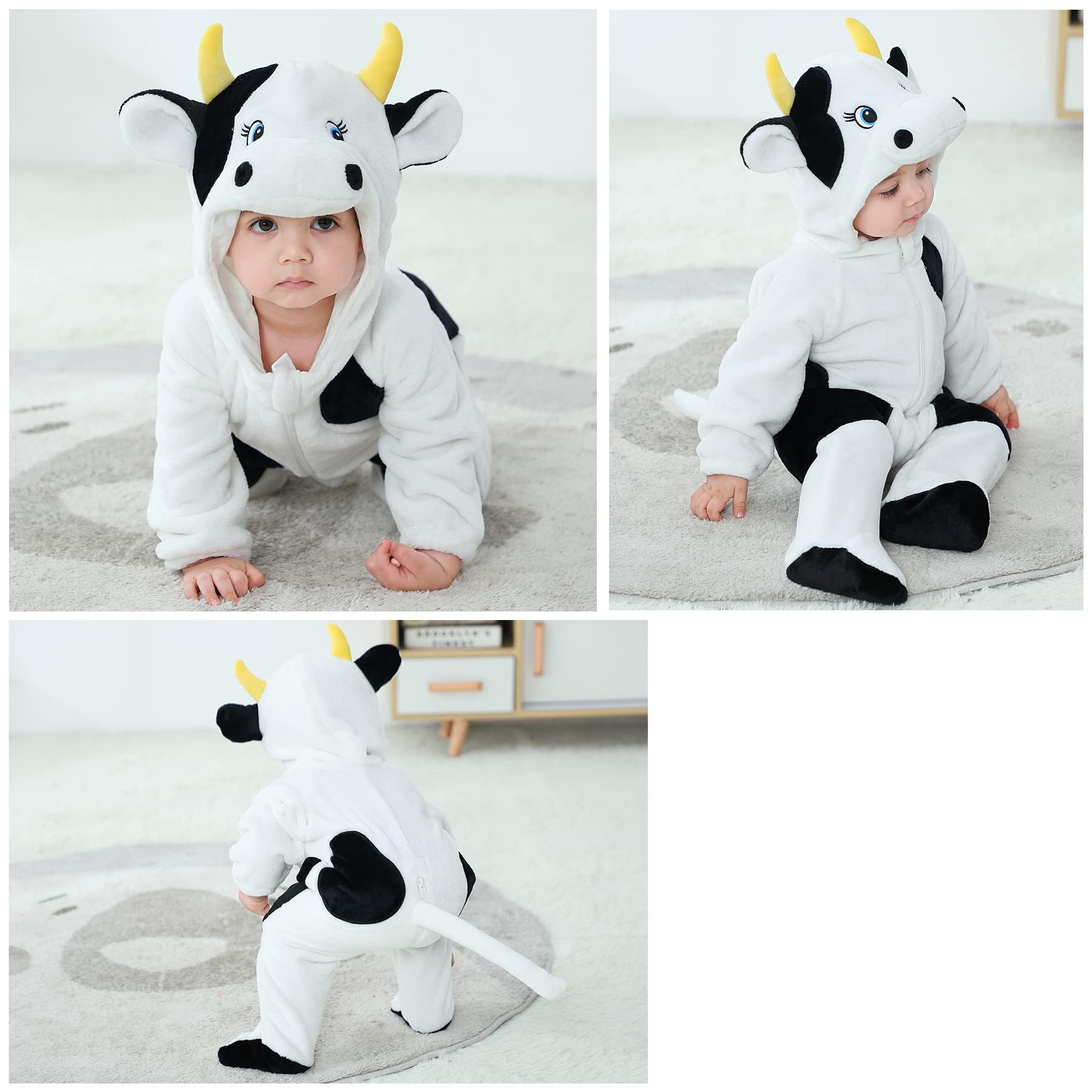 (85-90cm) Fasnacht Kuh Kostüm Plüsch Overall Motto Party Verkleidung für Kinder - Schwarz / Weiss