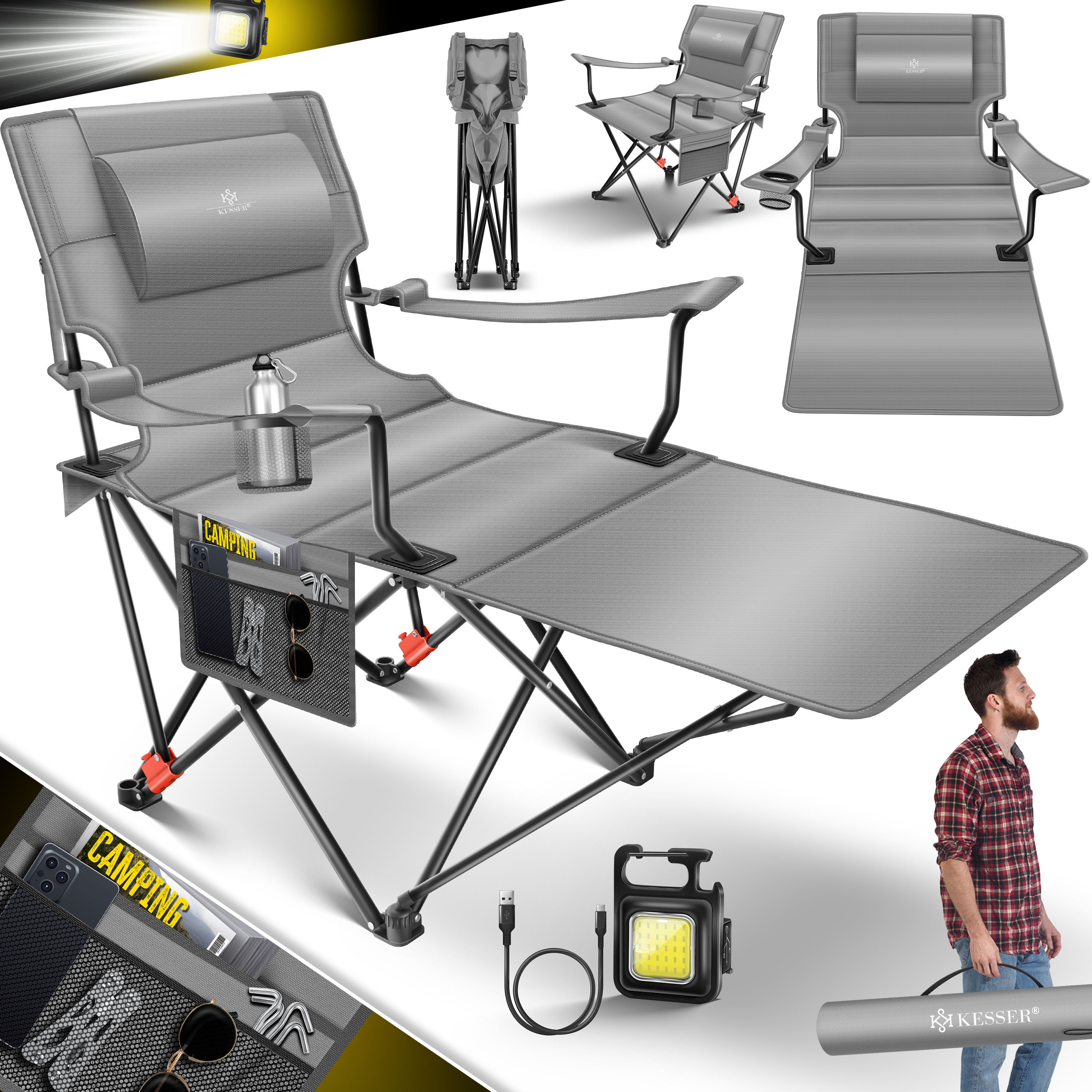 KESSER® Campingliege Campingstuhl 2in1 bis 160kg | Feldbett klappbar | Campingbett faltbar extra breit | Campinglicht & Getränkehalter + Aufbewahrungstasche & Transporttasche | Angelliege verstellbar