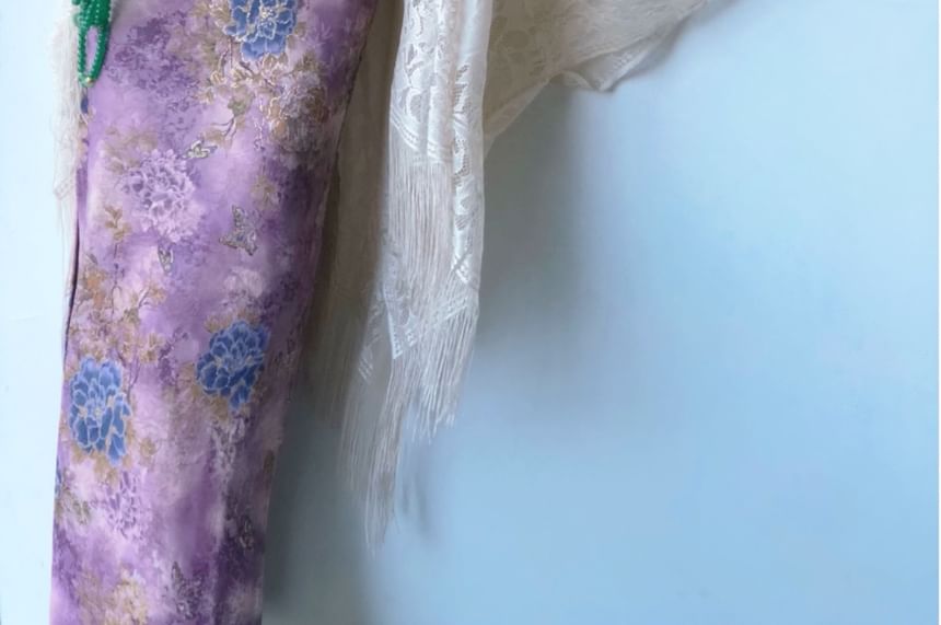 Vensazco - Traditionele Chinese halterhalskraag met bloemenprint, uitsparing en split, maxi-mantel, qipao