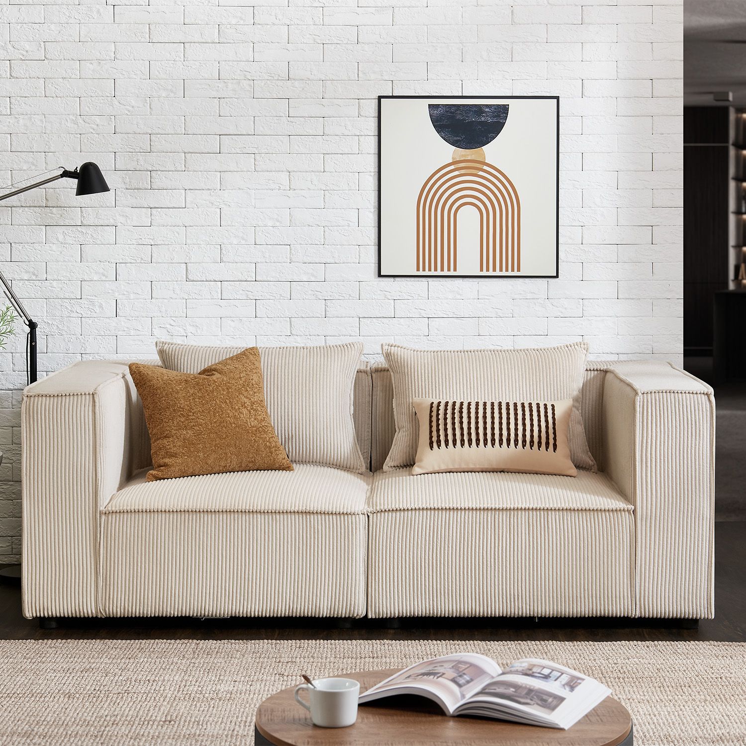 Juskys modulares Sofa Domas S - Couch Wohnzimmer - 2 Sitzer mit Lehnen & Kissen - Cord Beige