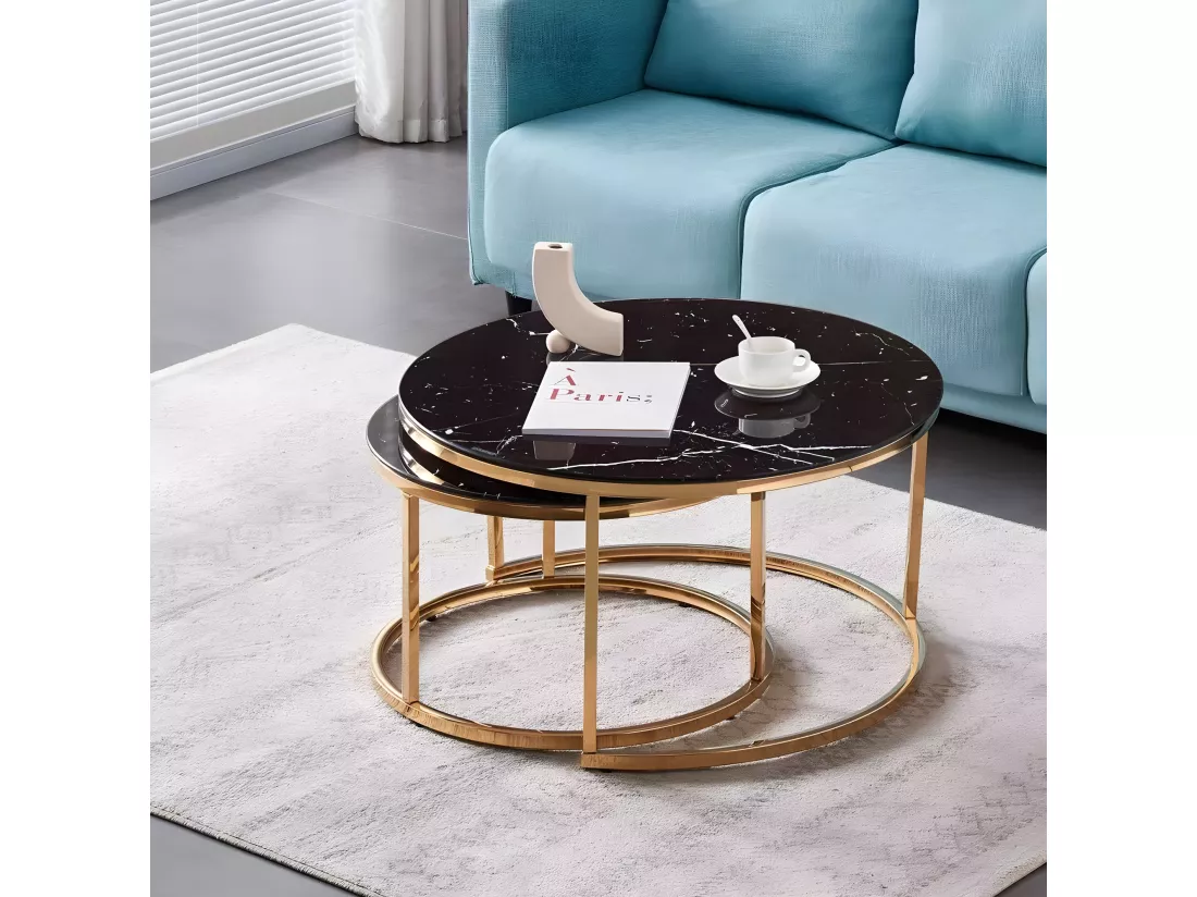 Lot de 2 tables basses gigogne arto gold plateau verre effet noir marbré