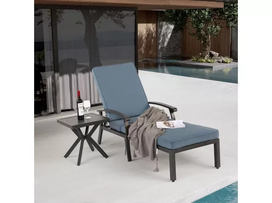Chaise longue de jardin 1 pièce avec coussin bleu imperméable en coton inclinable et réglable structure aluminium antirouille transat piscine extérieur