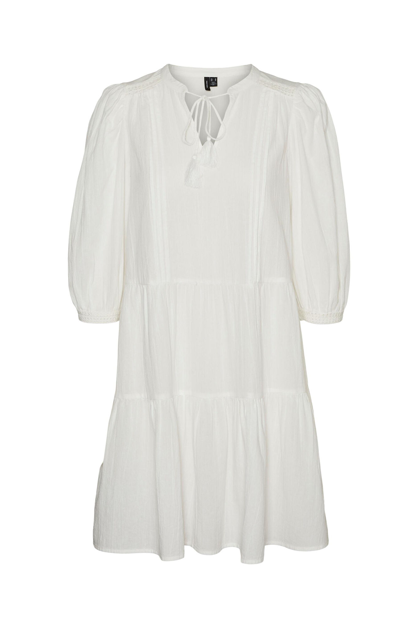 Vestido com mangas bufantes e fechamento com cordão no pescoço - Branco