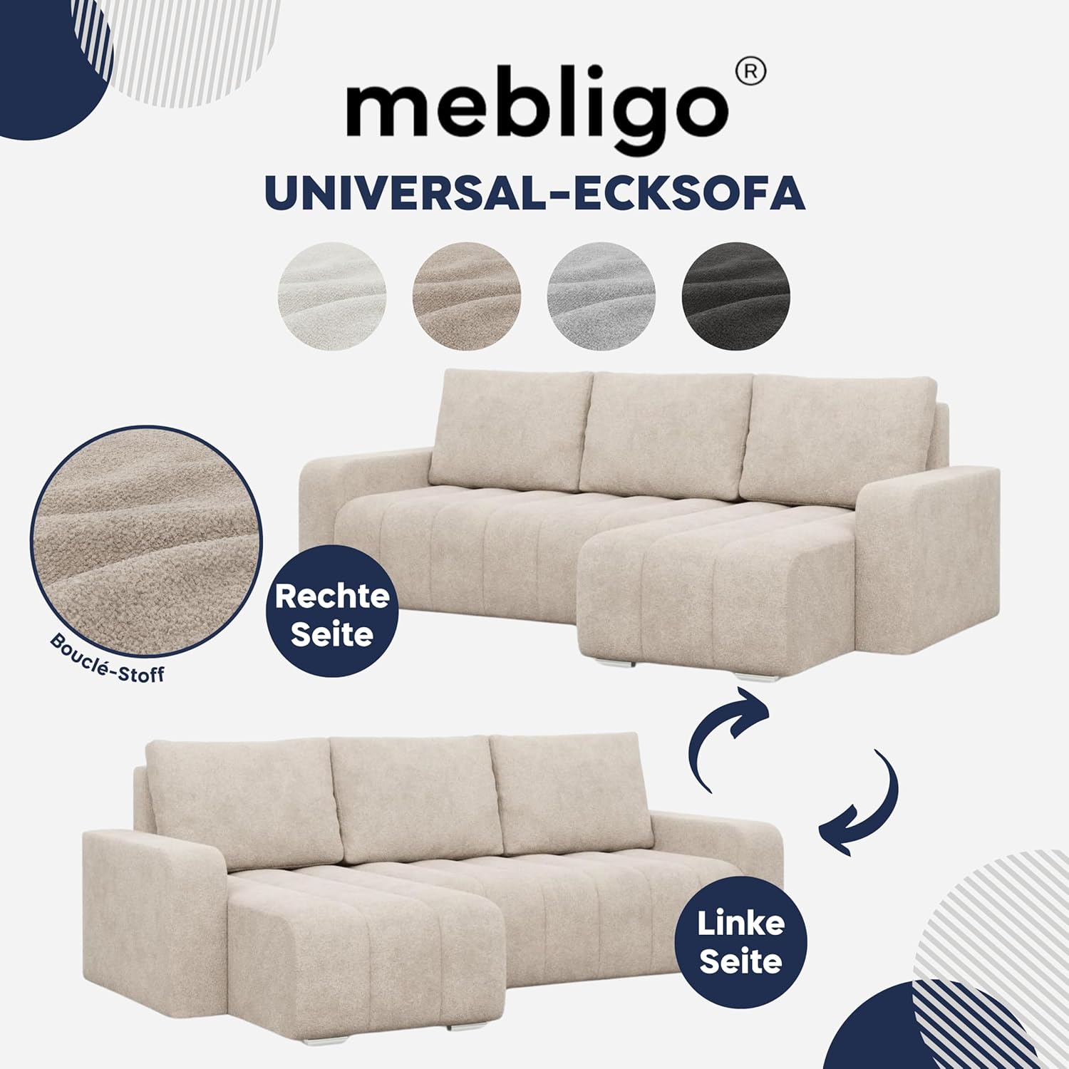 Mebligo - Ecksofa mit Schlaffunktion und Betkasten 237 cm Breit Abrielle, Eckcouch Universelle Form, Sofa mit Bonell Federkern, Couch Wohnzimmer, Ecke Sofa - Beige (Abriamo 03)