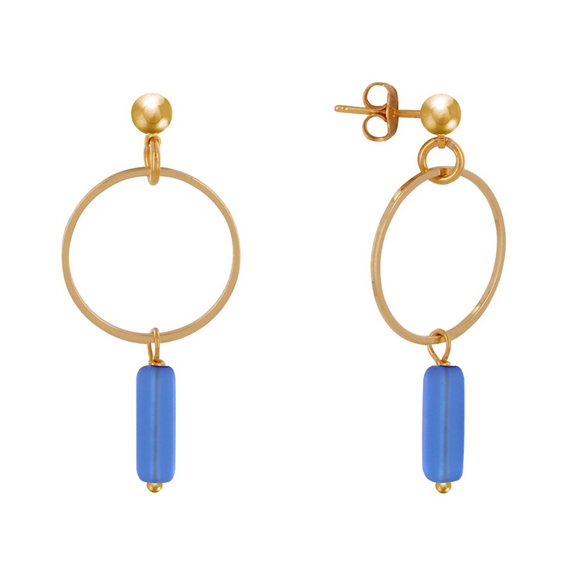 Boucles d'Oreilles Doré Cercle et Perle Rectangulaire