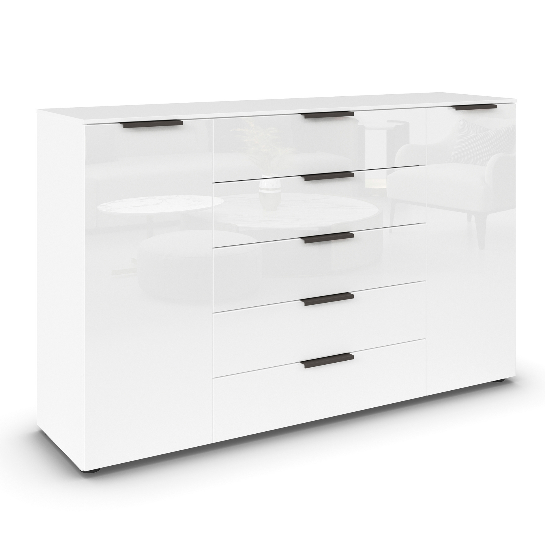 Kommode - alpinweiß-Kristallweißglas - Graphitgriffe - 160 cm