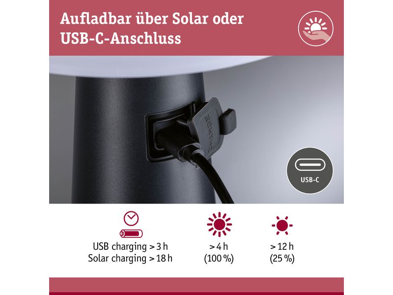 Paulmann Akku-Tischleuchte Solar LED Ilanga Wiederaufladbare Tischleuchte mit integriertem Solarpanel