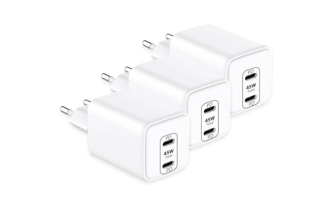 USB-C Dual Port Power Adapter 45 W 3 StückGleichzeitiges Laden von zwei Geräten über USB-C mit max. 45 W (22 W pro Port)
