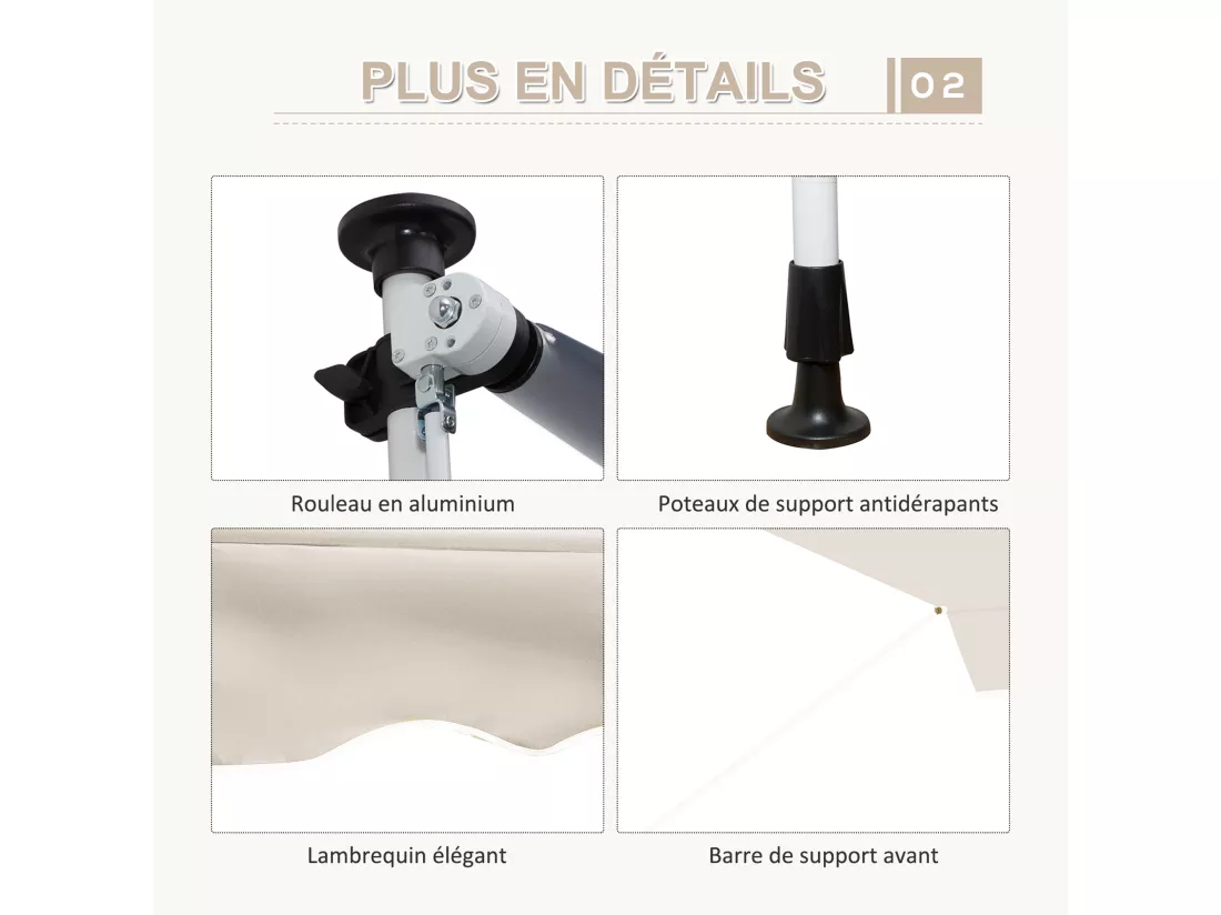 Store banne manuel rétractable 4L x 1,2l m inclinaison et hauteur réglable installation rapide métal alu polyester anti-UV crème