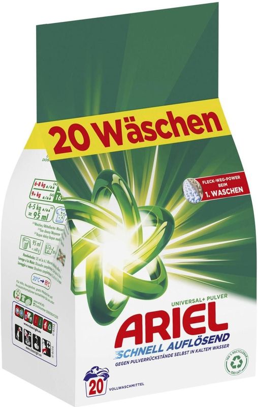 Ariel Snel oplossend poederwasmiddel universeel + 1,2 kg, 20 wasbeurten, uitstekende vlekverwijdering