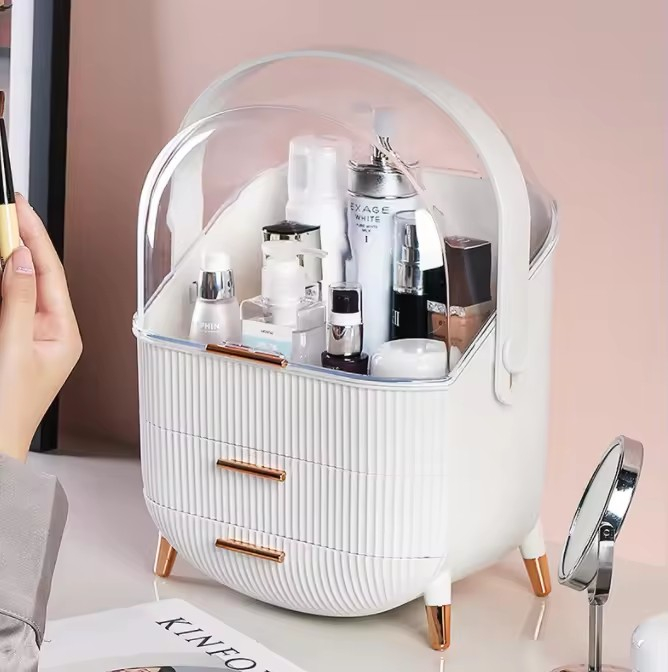 Make Up Organizer Schminktisch Kosmetik Aufbewahrung mit Deckel / Schubladen / Tragegriff - Weiss / Transparent