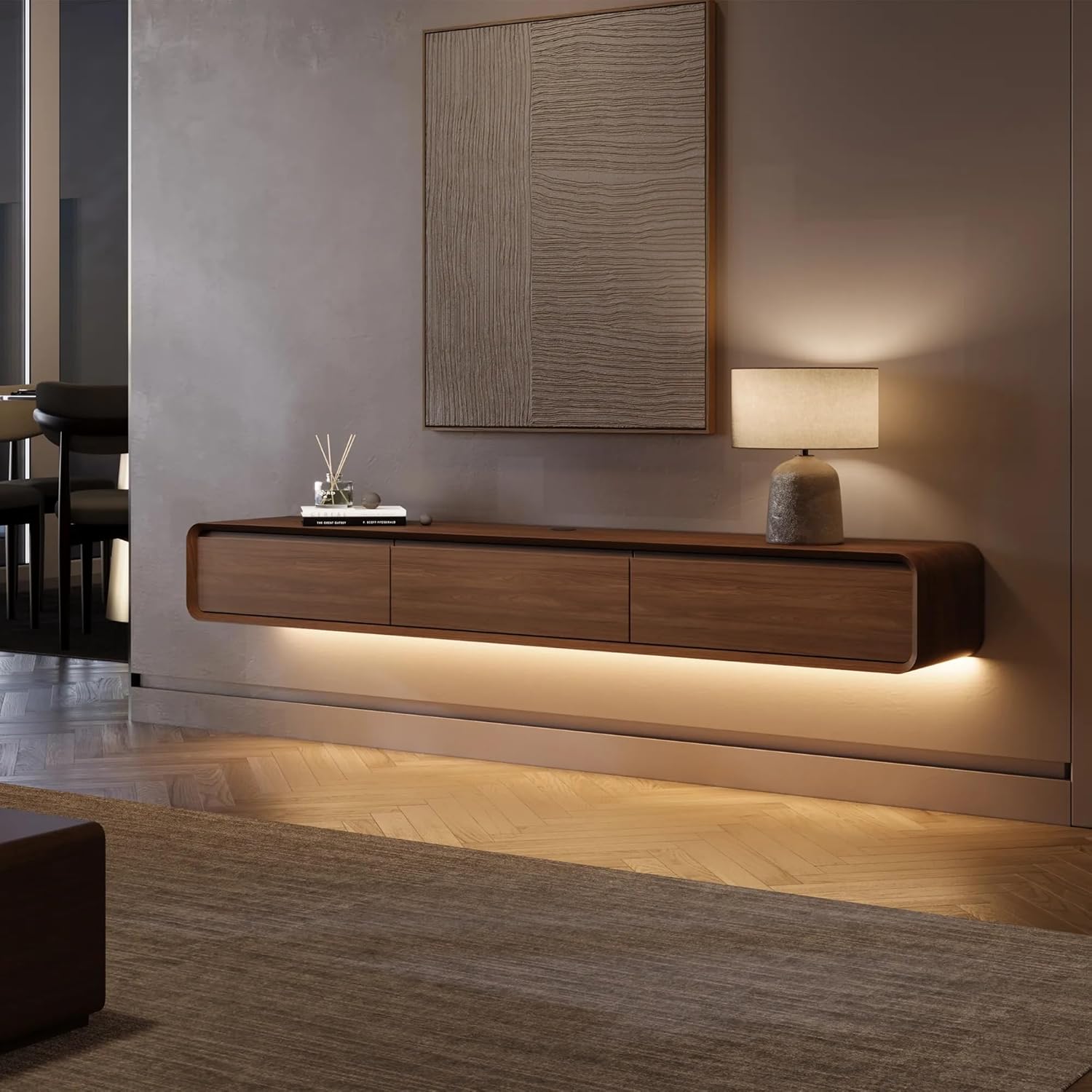 POVISON Schwebender TV-Schrank 200 cm, Moderne Walnussholz aus Massivholz mit 3 Schubladen und Lichtleiste, TV-Low-Panel-Aufhängung, Kabelmanagement, hochwertig mit Stauraum für Wohnzimmer