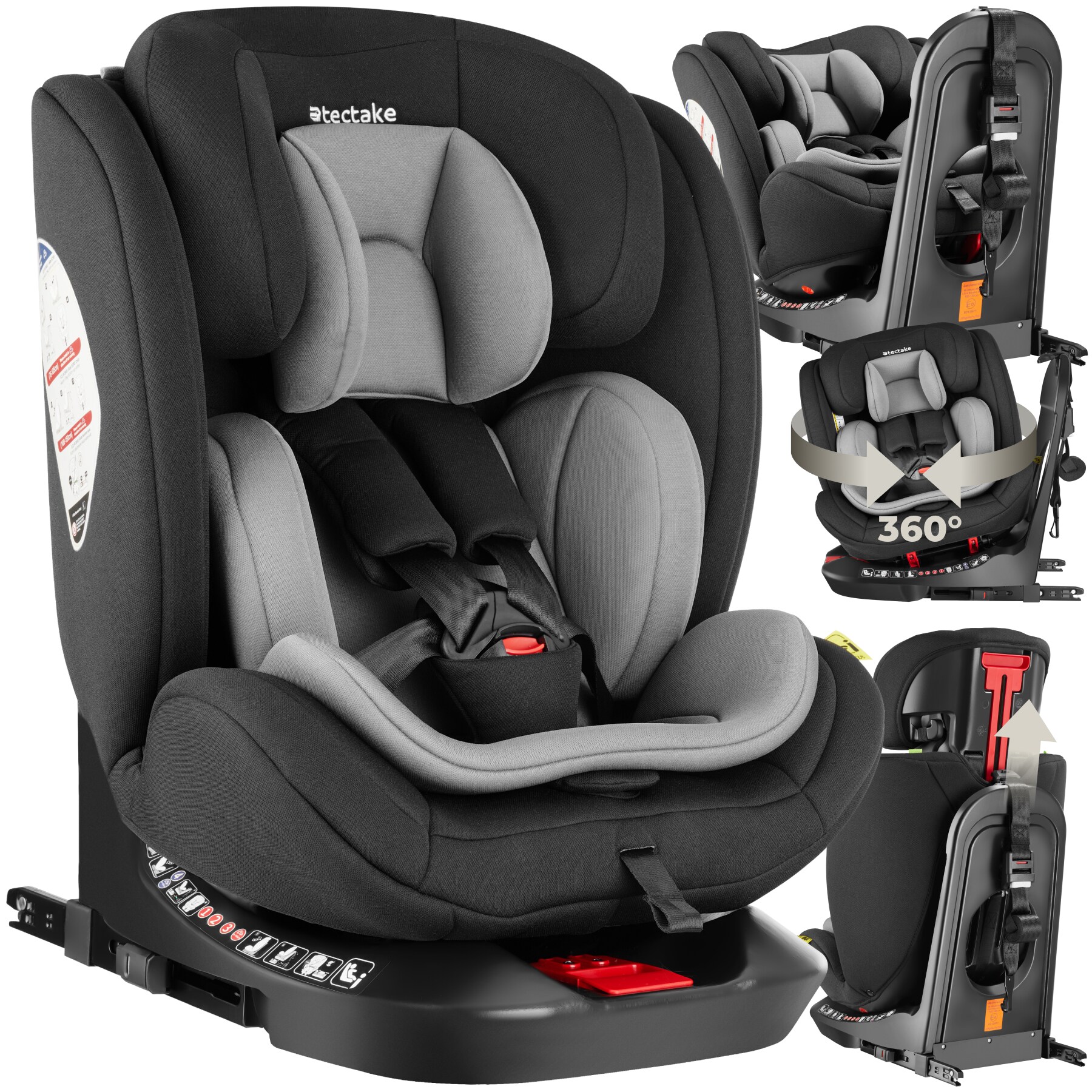 tectake® Drehbarer Autositz, i-Size Zulassung, ISOFIX-Installation und Top Tether, mit Seitenaufprallschutz, längenverstellbarer 5-Punkt-Gurt, höhenverstellbare Kopfstütze, ab Geburt bis 150 cm, Belastbarkeit 36 kg