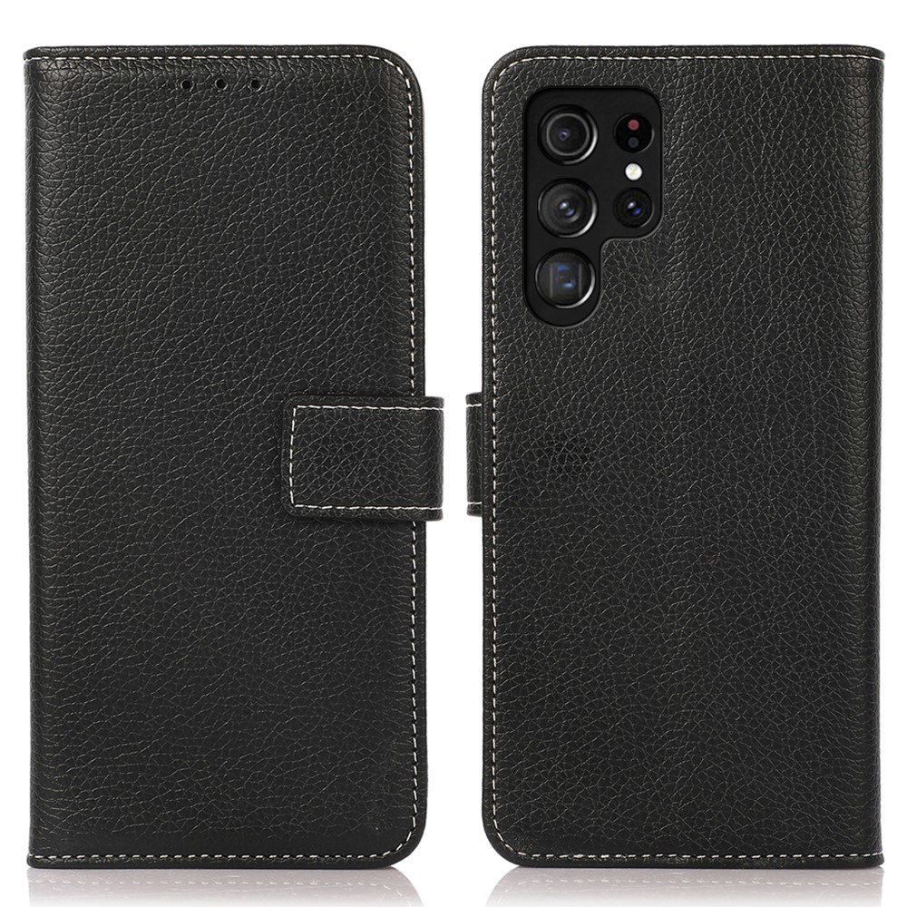 Samsung Galaxy S24 Ultra Leder Tasche Flip Cover Litchi Look - Schwarz