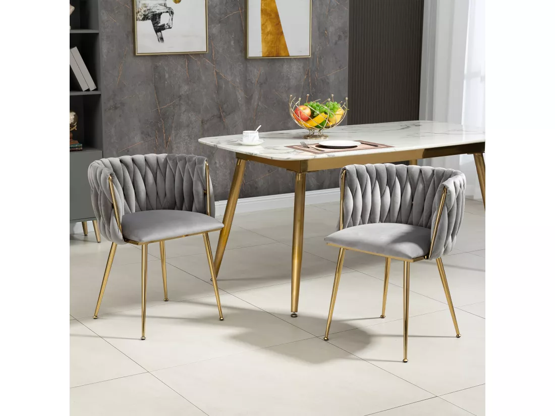 Lot de 2 Chaises de salle à manger luxueuses en velours, avec dossier tissé, pieds en métal, design moderne plaqué or, adaptées pour le salon et la chambre à coucher – Gris