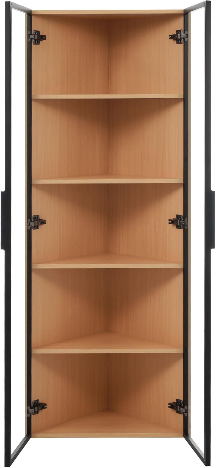 BTM LED Glasvitrine 62x35x160cm Eckvitrine mit Tür – Sammlungsvitrine, Bücherregal, Weinschrank, Badezimmerschrank, Eiche