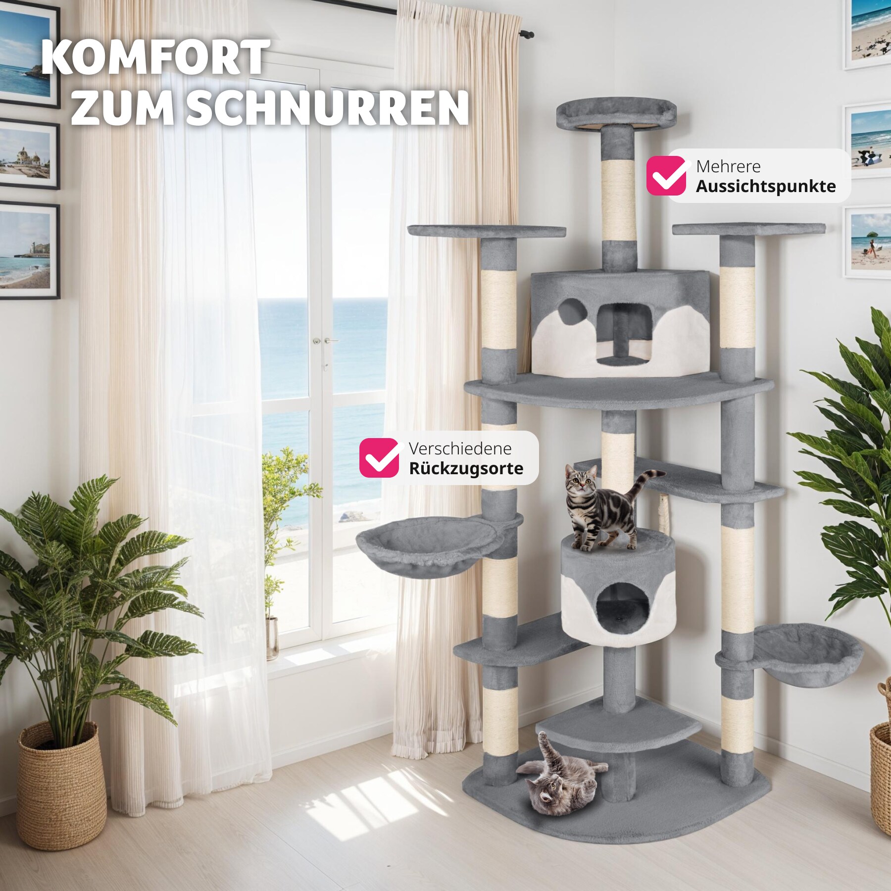 tectake® Kratzbaum, 201 cm, mit 2 Katzenhäusern, inklusive Spielkordel und Kippschutz
