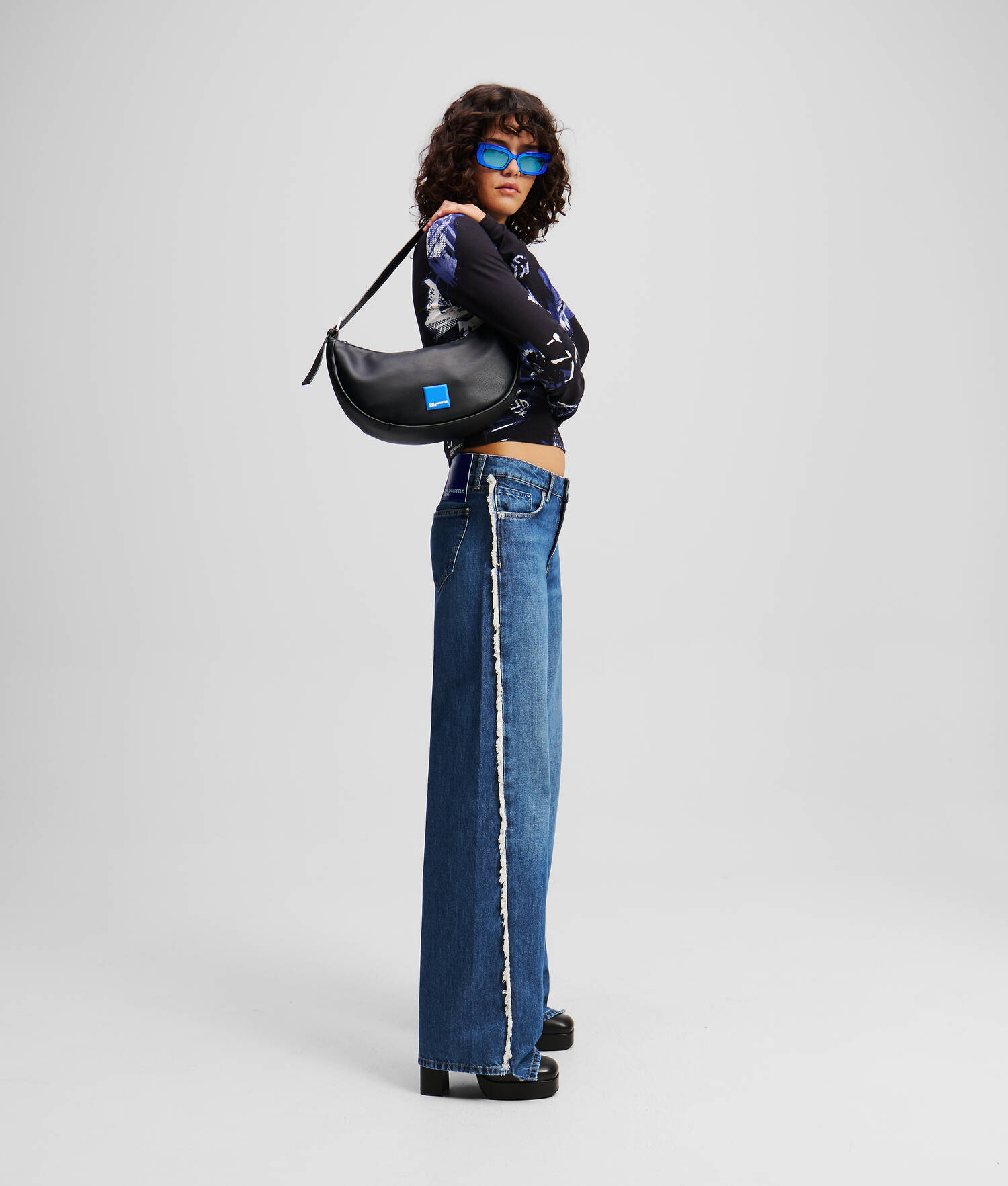 JEAN DÉCONTRACTÉ TAILLE MI-HAUTE À FRANGES - Bleu foncé délavé