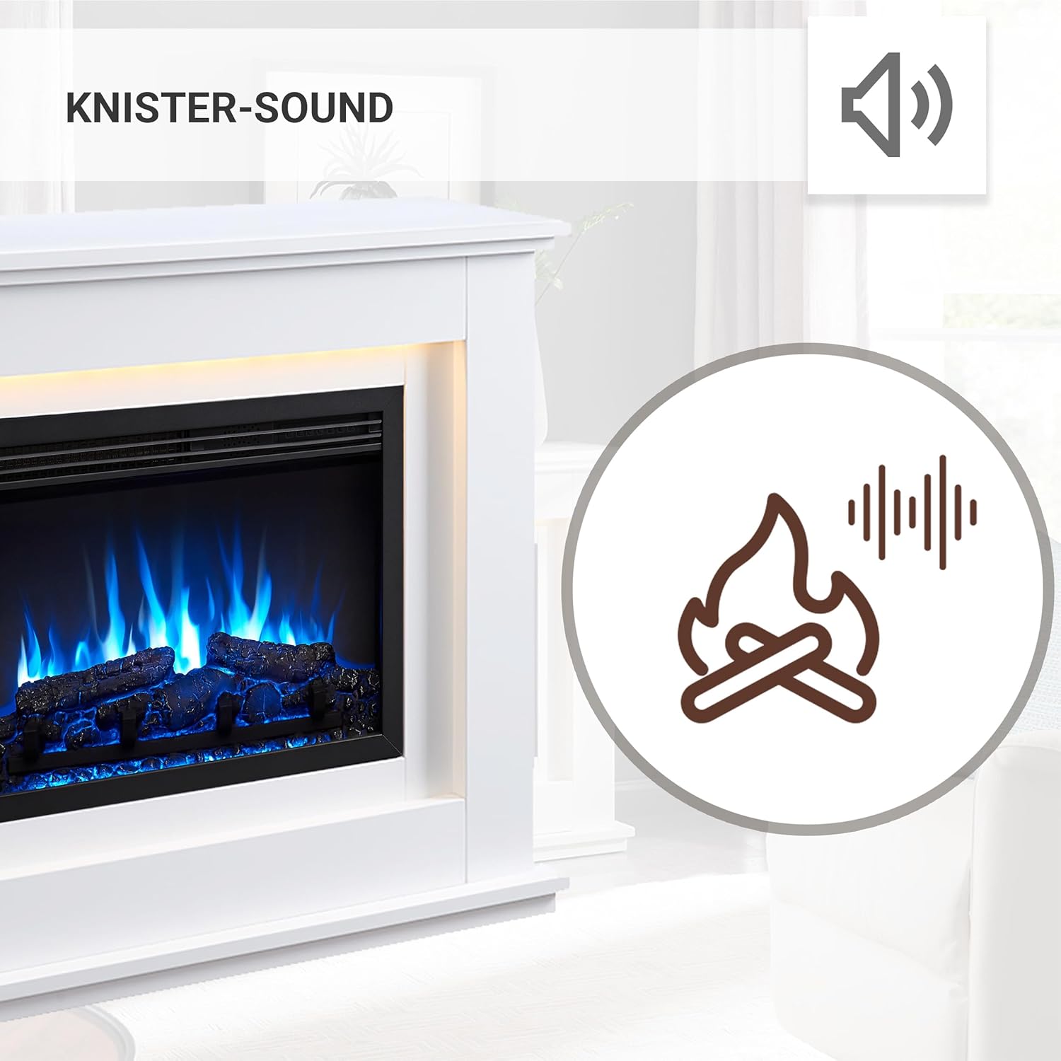 BALDERIA Baldur Elektrokamin - Standkamin mit Heizung bis 2000W, 3D-Flammeneffekt, LED-Beleuchtung, Knister-Sound, App-Steuerung, WiFi, Fernbedienung, Timer, Thermostat - Weiß