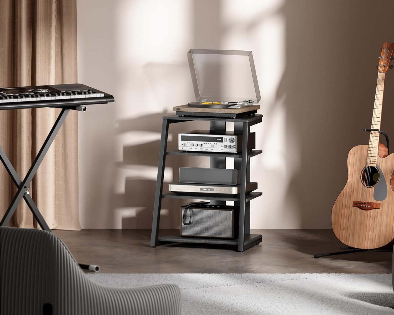 FITUEYES Design HiFi Rack aus Holz & Stahl, Plattenspieler Tisch mit verstellbaren Ablage, HiFi Regal für Plattenspieler & Stereoanlagen & Kompaktanlage, 61 x 52 x 78 cm