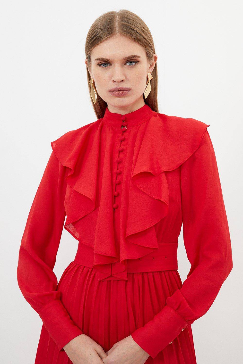 KarenMillen Robe Midi Tissée à Manches Longues en Georgette à Volants